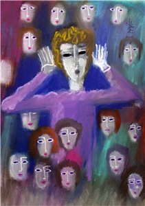 Piatti_Rufende Frau Kreidezeichnung von Celestino Piatti einer rufenden Frau inmitten von anderen Gesichtern